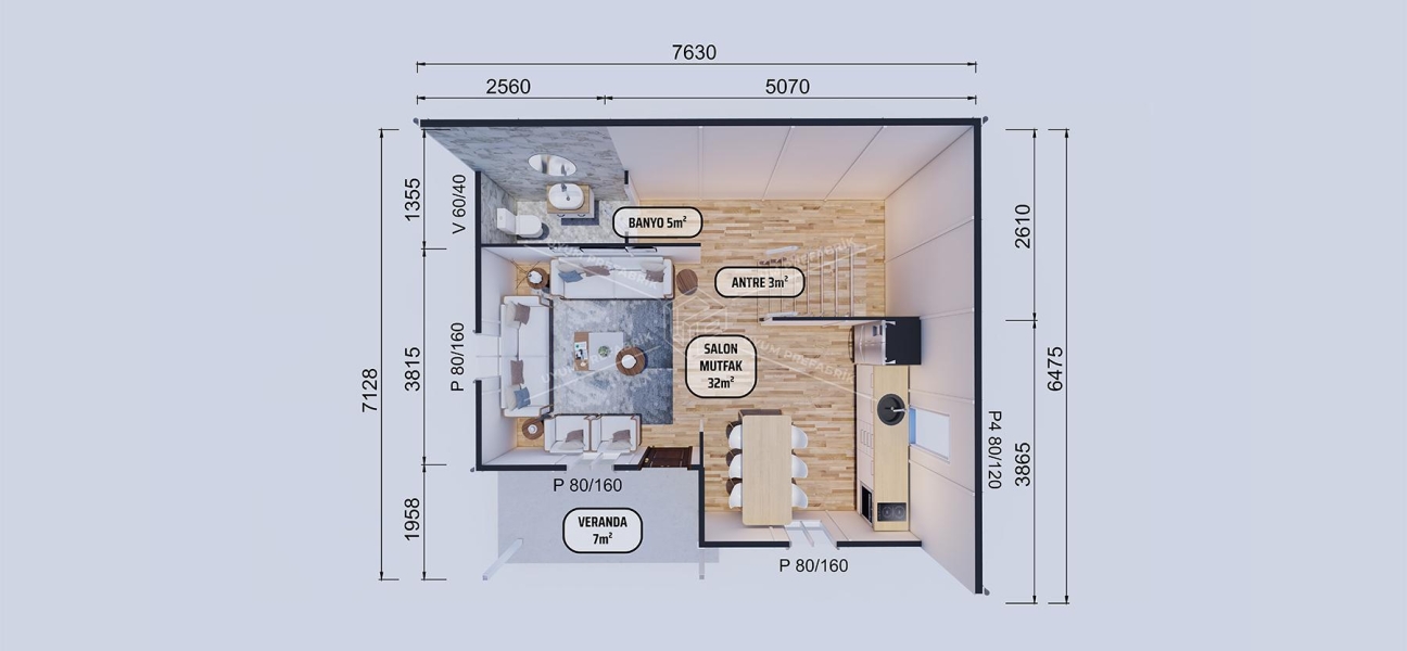 100m² Aspendos İki Katlı Prefabrik Ev