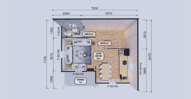 100m² Aspendos İki Katlı Prefabrik Ev