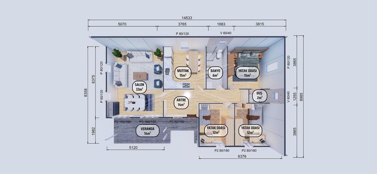 123m² Alaçatı Single-Storey Prefabricated House