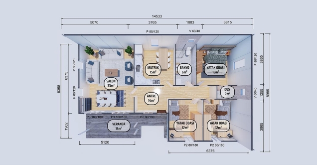 123m² Alaçatı Tek Katlı Prefabrik Ev 