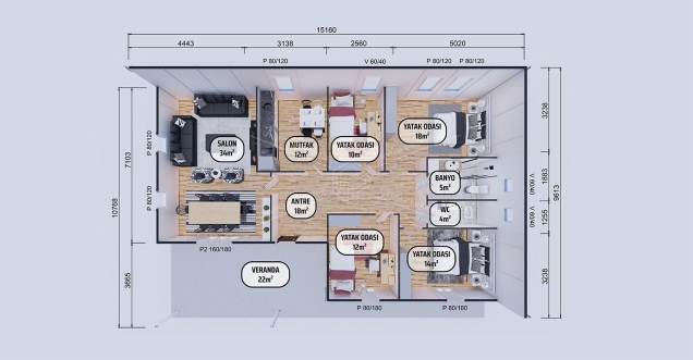 149m² Gelibolu Tek Katlı Prefabrik Ev 