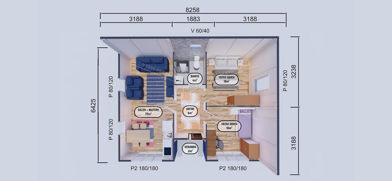 52m² Aytepe Tek Katlı Prefabrik Ev 