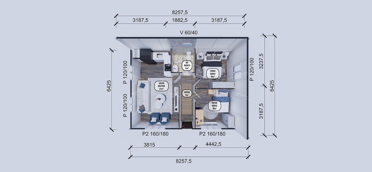 53m² Single Storey Prefabricated Houses