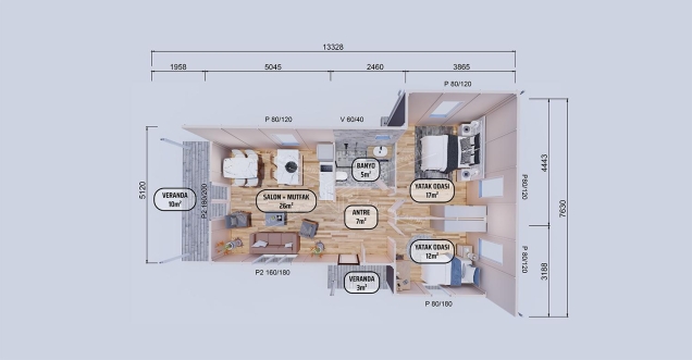 80m² Tek Katlı Prefabrik Ev 