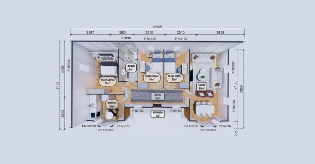 98m² Olimpos Tek Katlı Prefabrik Ev 