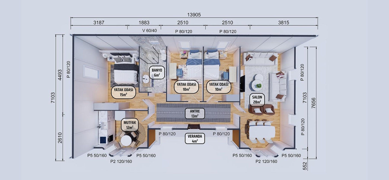 98m² Tek Katlı Prefabrik Ev 